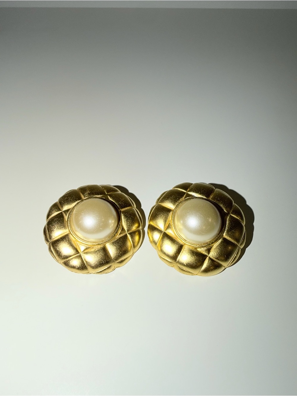 Large Gold-Tone Quilted & Faux Pearl Clip-On Earrings